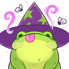 Drawing of a chibi toad with a purple wizard hat, magic swirling around and their tongue sticking out. oh and flies